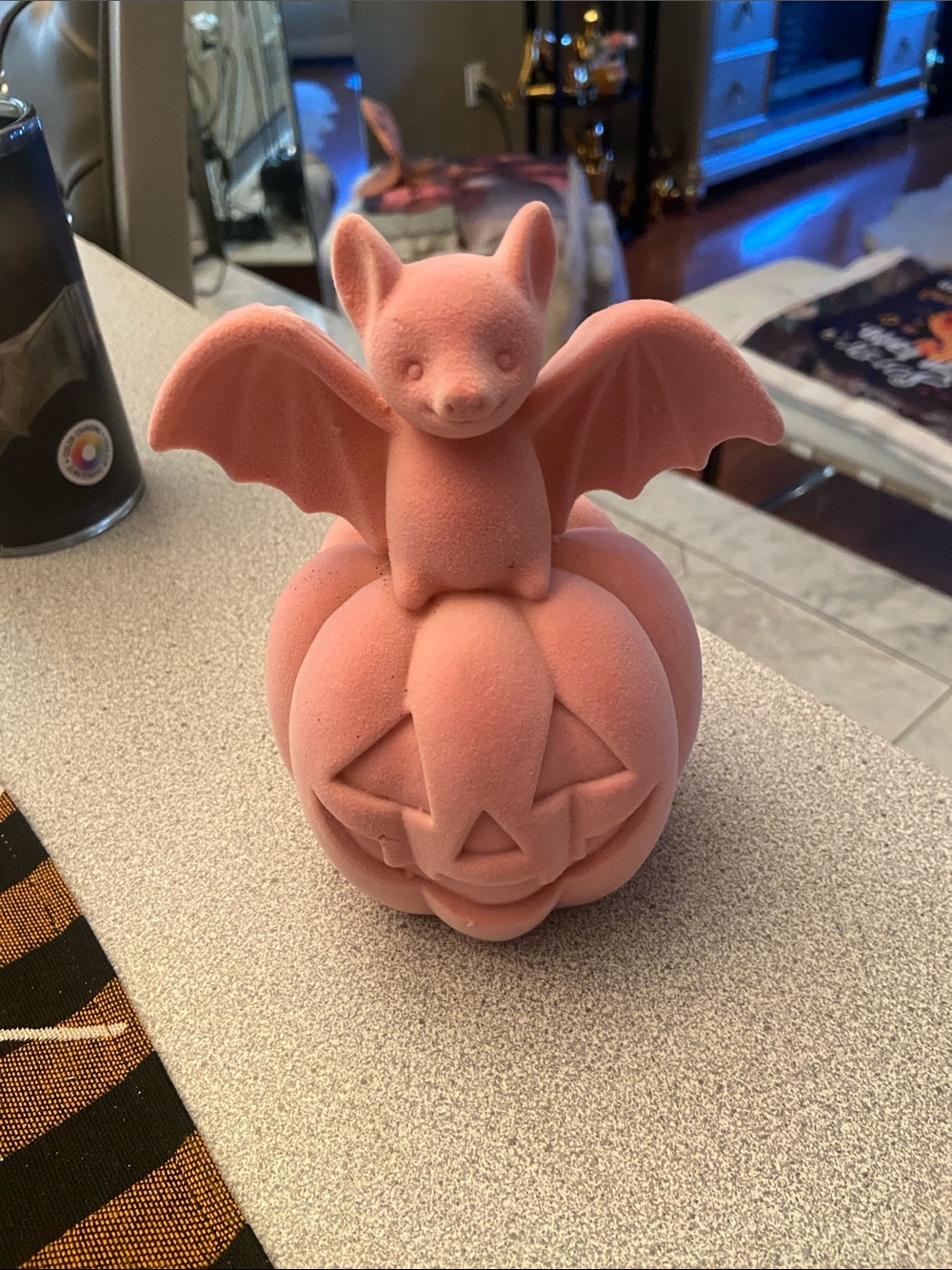 Velvet-Finish Pink Bat on Pumpkin Halloween Accent